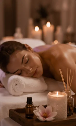 Massaggio rilassante con candele e oli essenziali