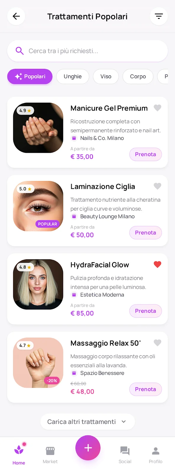 Schermata BeimBeauty: trattamenti popolari con prezzi e prenotazione